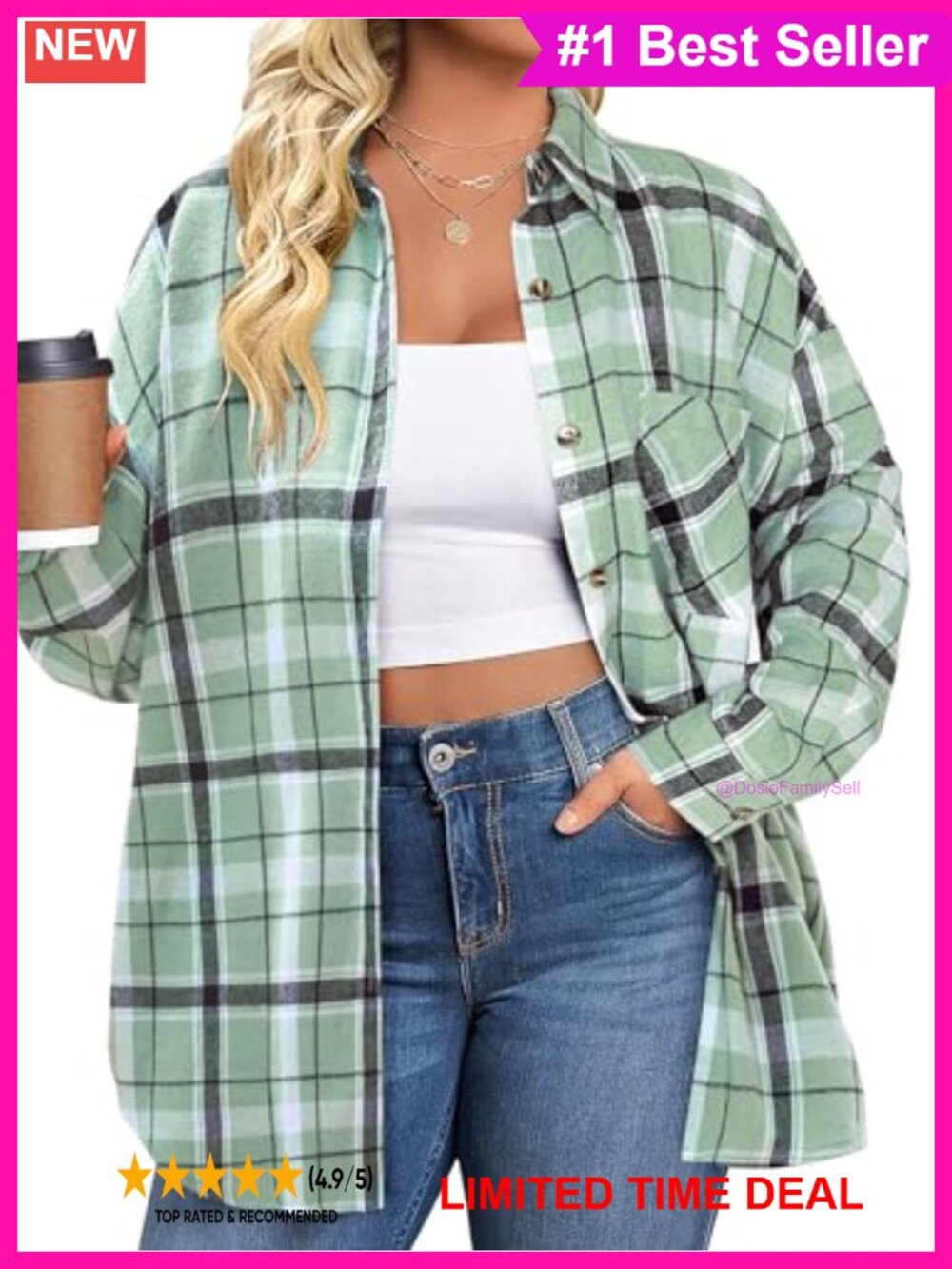 Womens Plus Size Flannel Shirt Long Sleeve Button Down Plaid Top